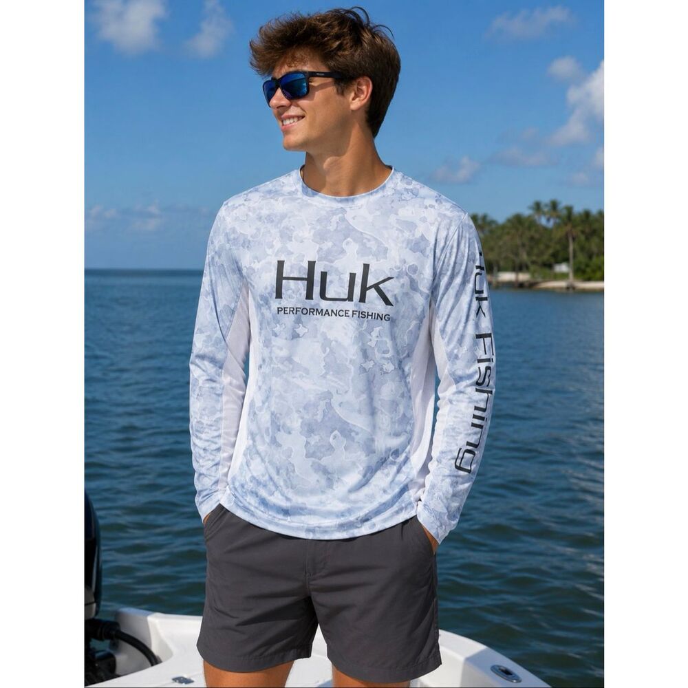 Huk Performance Fishing Men's Long Sleeve Camouflage Shirt Gray White Size small